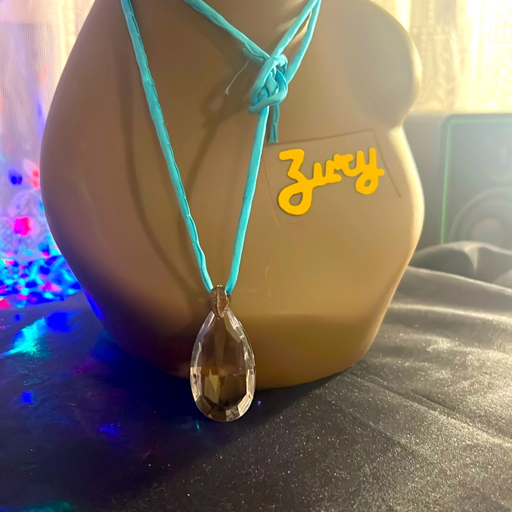 Teardrop Handmade Crystal with leaf and turquoise satin rope necklace